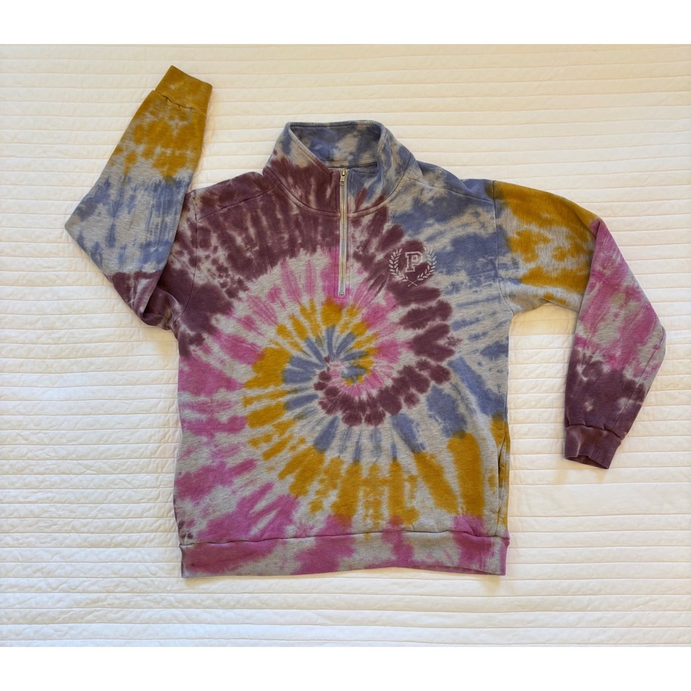 Victoria's Secret PINK Quarter Zip Tie Dye Pullover Sweatshirt Collegiate Emblem